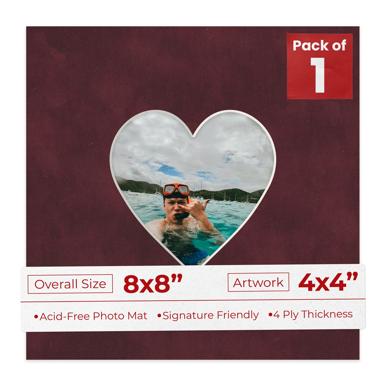Dark Red Suede Mat Board for 8x8 Frames - Heart Opening for 4x4 Photos